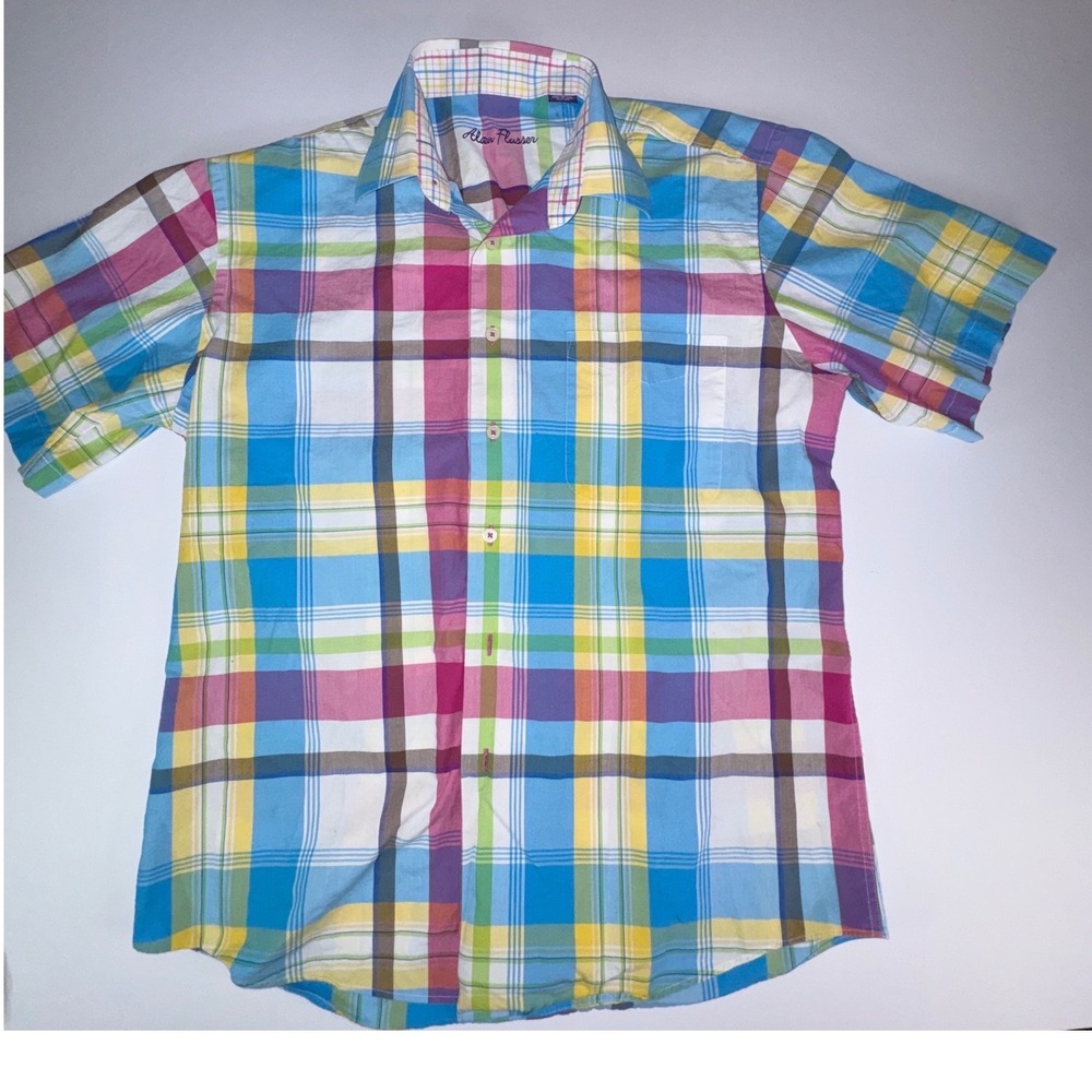 Alan Flusser Mens Medium Polo Shirt Short Sleeve Cotton Plaid Multi-Color Blue